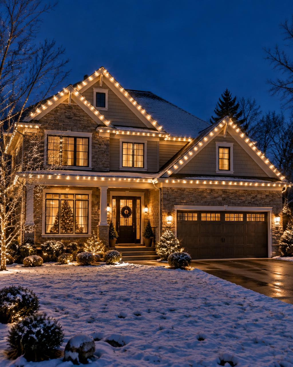 A suburban home wrapped in warm white Christmas lights at dusk